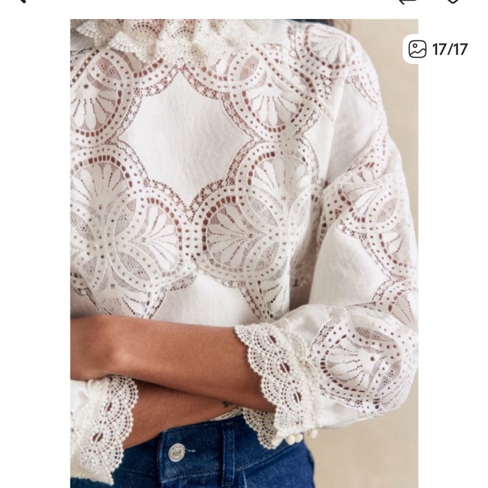 Sézane Bianca Ecru Eyelet Lace Blouse Organic Cotton Size 2 - Picture 6 of 14